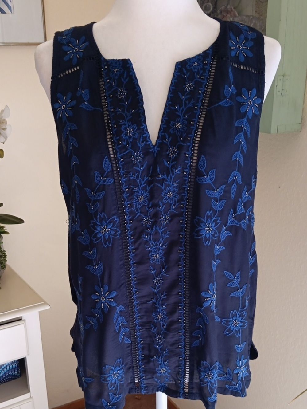 LuckyâBrand Embellished Openwork Top. Boho. Arty. Embroidered.